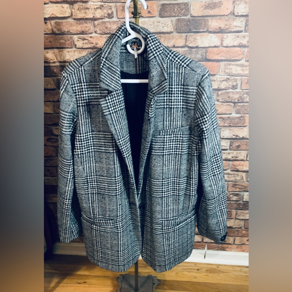 Free People Black and White Plaid Blazer
